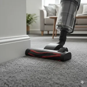 A vacuum cleaner head performing edge-to-edge cleaning against a white skirting board on a deep pile carpet.