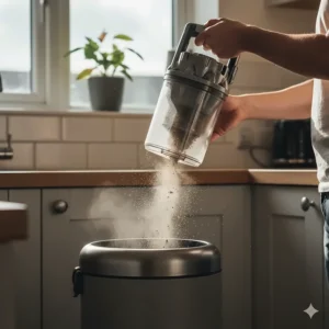 A person emptying a bagless vacuum cleaner’s dust bin into a kitchen bin, showing the cloud of dust.