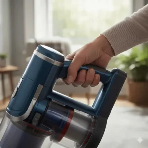 Detailed view of a hand gripping the ergonomic handle of a lightweight hoover, designed for comfort and ease of use for seniors.