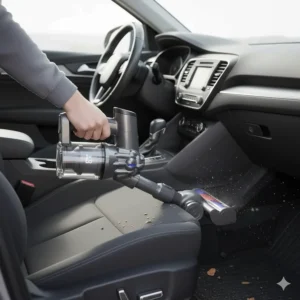 Using a cordless vacuum in handheld mode to clean crumbs and dirt from car seats and footwells.
