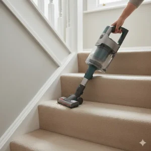 Using a handheld vacuum attachment to clean debris from a flight of narrow carpeted stairs.