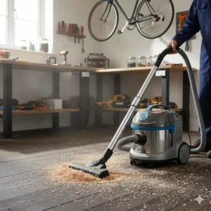 A heavy-duty wet and dry vacuum sucking up wood shavings and sawdust in a home workshop.