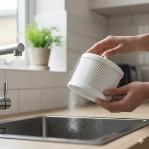 A close-up of a HEPA filter being cleaned, ideal for UK homeowners concerned about asthma and dust mite allergies.