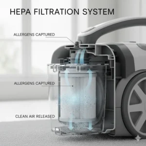 A technical diagram of a HEPA filtration system in a vacuum, capturing allergens from deep carpet fibres.