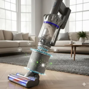 Alt text for image 7: An exploded view of a multi-stage HEPA filtration system capturing microscopic dust particles and allergens from household floors.