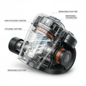 A technical 3D cutaway illustration showing the internal cyclonic motor and suction technology of a car vacuum.