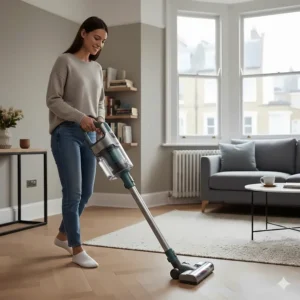 An illustration showing the light weight of a stick vacuum, making it easy to carry between rooms.