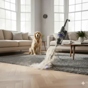 Alt text for image 4: A lightweight stick vacuum being used to clean carpeted stairs and a narrow hardwood landing in a contemporary UK home.