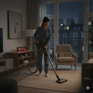 A resident using a low-noise vacuum cleaner in a London flat at night, showing a digital clock to highlight minimal disturbance.