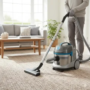 A wet and dry vacuum cleaner performing standard dry hoovering on a living room rug.