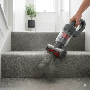 A handheld motorised turbo tool removing stubborn pet hair from a deep pile carpeted staircase.