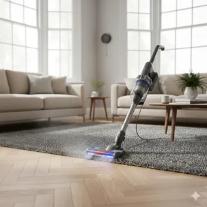 Alt text for image 3: A powerful vacuum cleaner head lifting golden retriever pet hair from a dark wool rug and adjacent laminate flooring.