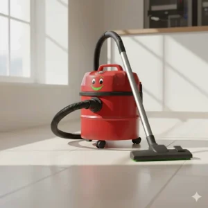 A classic red bagged hoover with a smiling face, an iconic British model, sitting on a clean kitchen tiled floor.