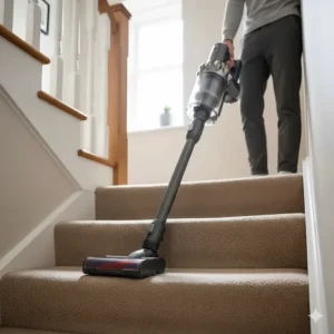 A lightweight and quiet cordless stick hoover being used to clean beige carpeted stairs in a UK semi-detached house.