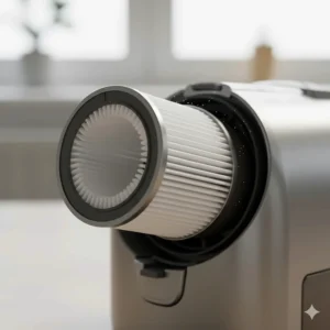 Detailed close-up view of a high-efficiency HEPA filter being removed from a quiet vacuum cleaner designed for UK allergy sufferers.