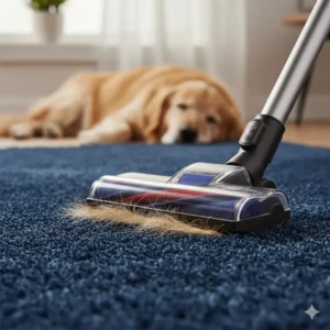 Close-up of a quiet vacuum cleaner head removing golden retriever pet hair from a navy blue wool rug.