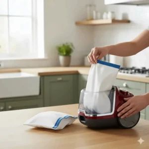 Hands sliding a fresh synthetic dust bag into a bagged vacuum cleaner, highlighting the sealed, hygienic design.