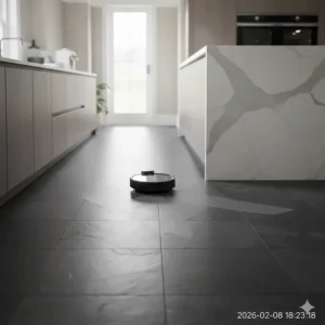 A modern black robot vacuum cleaner automatically navigating across a dark slate kitchen floor near a marble island.