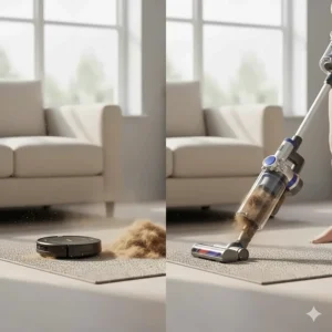 Comparison of a robot vacuum and cordless stick cleaner removing dog hair from a living room rug.