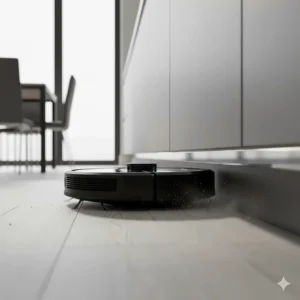 Low-profile robot vacuum cleaner navigating under kitchen cabinets and skirting boards to reach hidden dust.