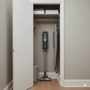 A slim vacuum cleaner stored neatly inside a narrow hallway cupboard next to an ironing board.