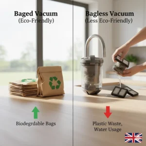 An illustration showing biodegradable paper bags compared to plastic filters that require frequent washing.
