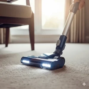 Close-up of a vacuum head with LED lights manoeuvring easily across a neutral-coloured carpet.
