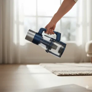 A close-up shot of a hand lifting the main body of a lightweight vacuum to demonstrate its low weight and portability.