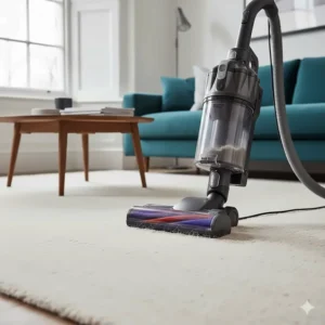 A powerful upright vacuum cleaner being used to deep-clean a thick pile cream carpet in a bright UK living room.