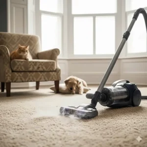 A powerful upright vacuum cleaner with a motorised brush head lifting pet hair from a thick pile carpet.