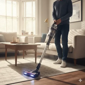 A person using a swivel-steering upright vacuum to easily navigate around a sofa and coffee table.