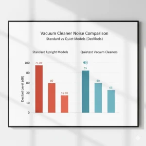A professional infographic chart comparing noise levels in decibels for the quietest vacuum cleaners versus standard upright models.