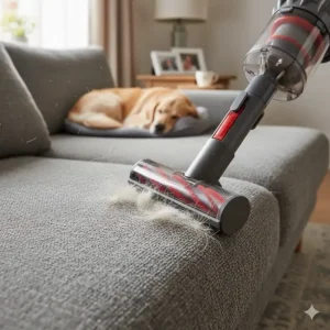 A close-up of a motorised handheld pet tool removing dog hair and dander from a grey fabric sofa.