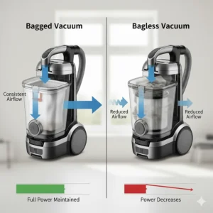 An infographic showing how airflow remains consistent in a bagged vacuum versus a bagless model as it fills.