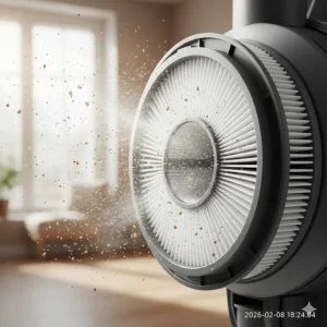 An illustrative close-up of a high-efficiency HEPA filter capturing fine dust particles and allergens to improve indoor air quality.