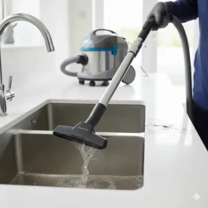 An illustration showing a wet and dry vacuum being used to safely clear a minor plumbing blockage.