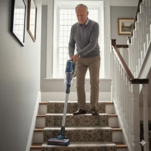 An elderly man safely hoovering carpeted stairs in a British home using a lightweight cordless vacuum.