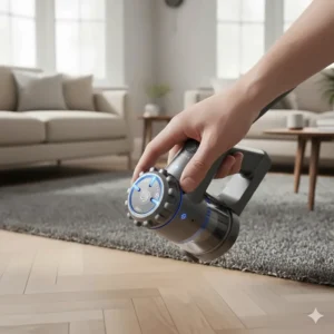 Alt text for image 6: A person adjusting the variable suction control on a vacuum handle to switch from delicate wood surfaces to heavy-duty rugs.