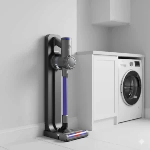 Alt text for image 8: A slim cordless vacuum cleaner stored on a wall-mounted charging dock in a compact British utility room next to a washing machine.