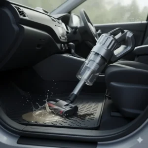 A wet and dry car vacuum suctioning a liquid spill from a heavy-duty rubber floor mat during rainy weather.