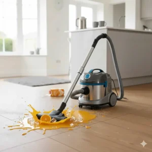 Cleaning up a large orange juice spill on a wooden floor using a wet and dry vacuum.
