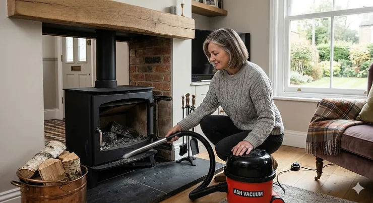 A person using a specialised ash vacuum to clean a modern black log burner in a British living room with natural daylight. Ash Vacuum for Fireplace and Log Burner