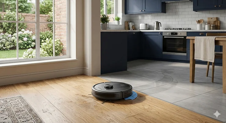 A premium robot vacuum and mop cleaning a contemporary British kitchen floor with natural light from a garden window. Robot Vacuum and Mop
