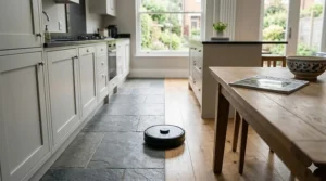 A robot vacuum with mapping sensors cleaning a kitchen floor featuring grey slate tiles and light oak floorboards.