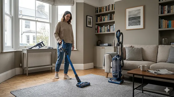 A range of Shark vacuum cleaners including upright and cordless models positioned in a modern British living room. Shark Vacuum Cleaner