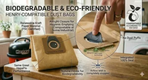 Eco-friendly, biodegradable dust bags compatible with Henry vacuums, made from FSC-certified Kraft paper.