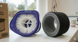 Alt text for an activated carbon vacuum filter with a black granulated surface, specifically designed to neutralise pet smells and household odours.