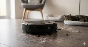 A budget-friendly robot hoover effectively removing dog hair from a dark laminate floor.