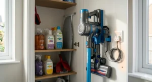 A cordless Hoover vacuum cleaner stored on a wall-mounted charging dock inside a utility cupboard with a UK three-pin plug socket.