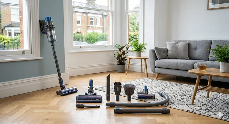 A comprehensive collection of vacuum cleaner attachments and tools laid out on a light wooden floor, including a floor head, dusting brush, and crevice tool. Vacuum Cleaner Attachments and Tools